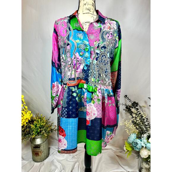 Johnny Was Rose Monroe Silk Floral Patchwork Tunic Top S - Picture 1 of 16